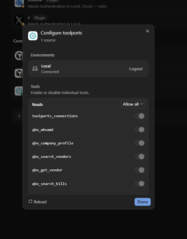 Cursor's Configure toolports panel with the Reload button and Allow all selected, so each tool switch is greyed out but on