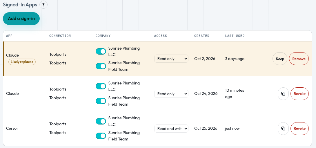 Signed-In Apps: an older Claude sign-in tagged Likely Replaced, with Keep and Remove (demo data)